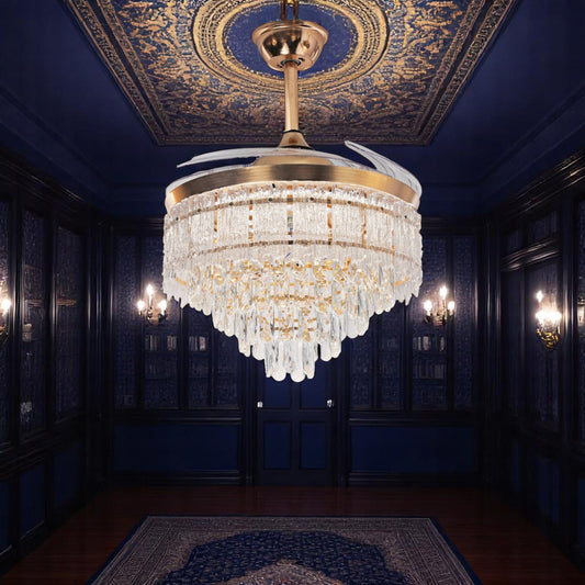 Qulik 48" Crystal Chandelier Retractable Invisible Blade Silent 3 Color Change LED Remote Ceiling Fan (Golden) | Q-T8329