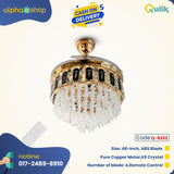 Qulik Crystal Chandelier Ceiling Fans - Q-8333 & Q-8310. Elegant Golden finish with retractable blades, LED lighting, and remote control. Perfect for bedrooms, living rooms, and dining areas.