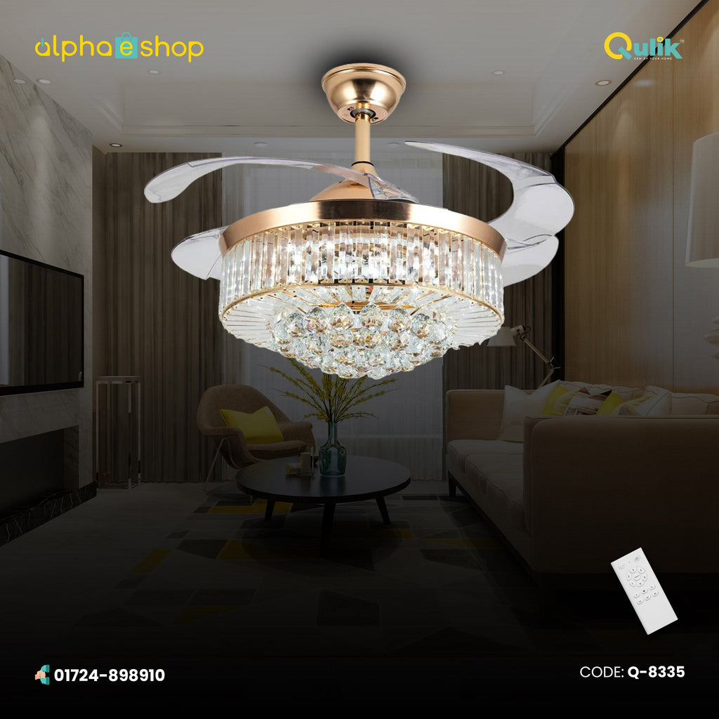 Qulik 48" Crystal Chandelier Retractable Invisible Blade MP3 Silent 3 Color Change LED Remote Ceiling Fan (GOLDEN) Q-8335