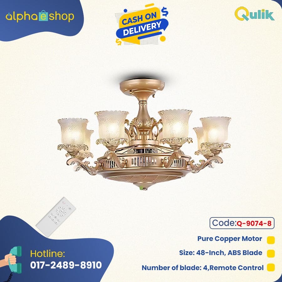 Qulik Q-9074-8 48 Inch Modern Chandelier Ceiling Fan - 4-Blade, LED Light, 3 Color Change, Remote Control (Golden)