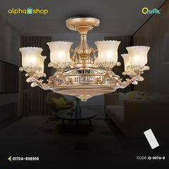 Qulik 48 Inch Modern Chandelier Retractable Invisible Blade Silent 3 Color Change LED Remote Ceiling Fan (Golden) Q-9074-8