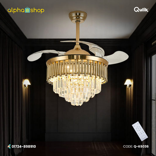 Qulik 48" Crystal Chandelier Retractable Invisible Blade Silent 3 Color Change LED Remote Ceiling Fan (Golden) | Q-K6036