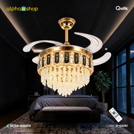 Qulik 48" Crystal Chandelier Retractable Invisible Blade Silent 3 Color Change LED Remote Ceiling Fan (Golden) | Q-K6251