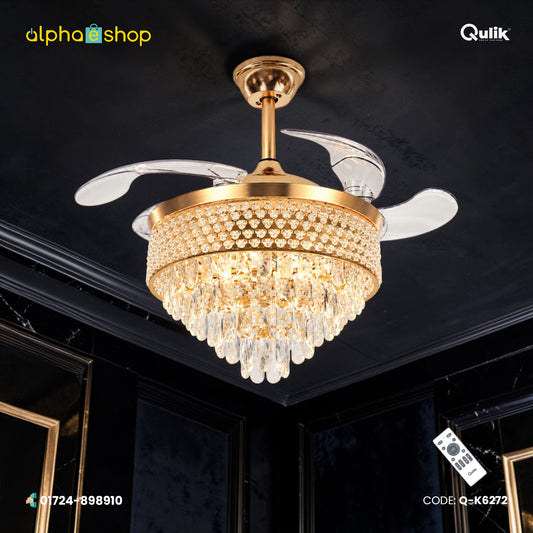 Qulik 48" Crystal Chandelier Retractable Invisible Blade Silent 3 Color Change LED Remote Ceiling Fan (Golden) | Q-K6272