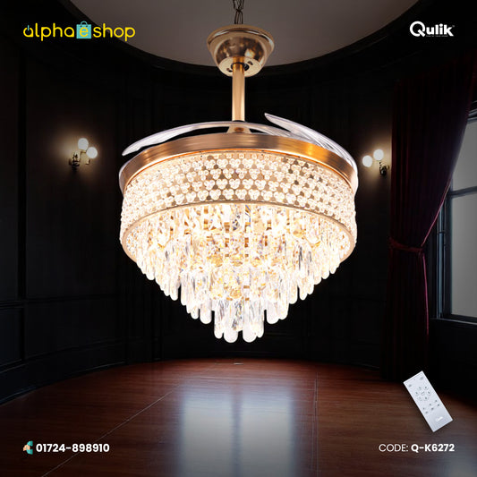 Qulik 48" Crystal Chandelier Retractable Invisible Blade Silent 3 Color Change LED Remote Ceiling Fan (Golden) | Q-K6272