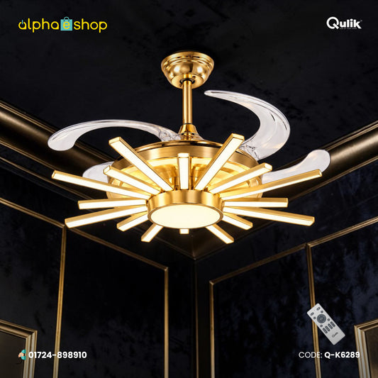 Qulik 48" Modern Chandelier Retractable Invisible Blade Silent 3 Color Change LED Remote Ceiling Fan (Golden) | Q-K6289