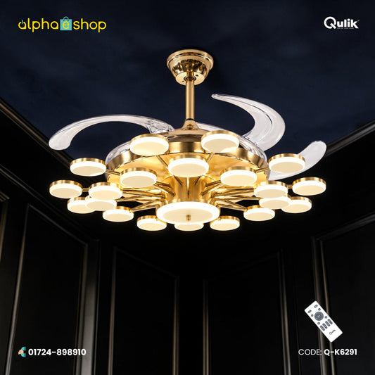 Qulik 48" Modern Chandelier Retractable Invisible Blade Silent 3 Color Change LED Remote Ceiling Fan (Golden) | Q-K6291