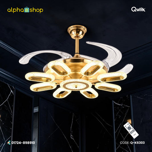 Qulik 48" Modern Chandelier Retractable Invisible Blade Silent 3 Color Change LED Remote Ceiling Fan (Golden) | Q-K6303