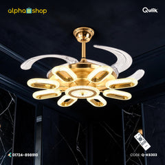 Qulik 48" Modern Chandelier Retractable Invisible Blade Silent 3 Color Change LED Remote Ceiling Fan (Golden) | Q-K6303