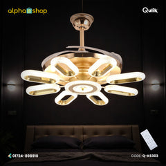Qulik 48" Crystal Chandelier Retractable Invisible Blade Silent 3 Color Change LED Remote Ceiling Fan (Golden) | Q-K6303