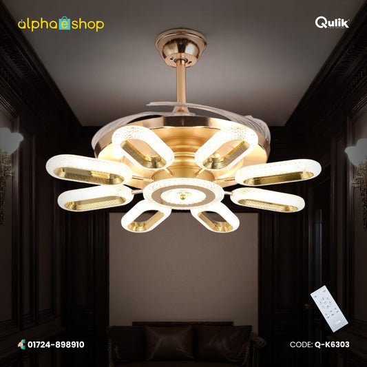Qulik 48" Crystal Chandelier Retractable Invisible Blade Silent 3 Color Change LED Remote Ceiling Fan (Golden) | Q-K6303