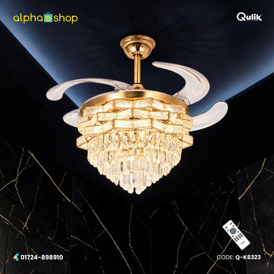 Qulik 48" Crystal Chandelier Retractable Invisible Blade Silent 3 Color Change LED Remote Ceiling Fan (Golden) | Q-K6323