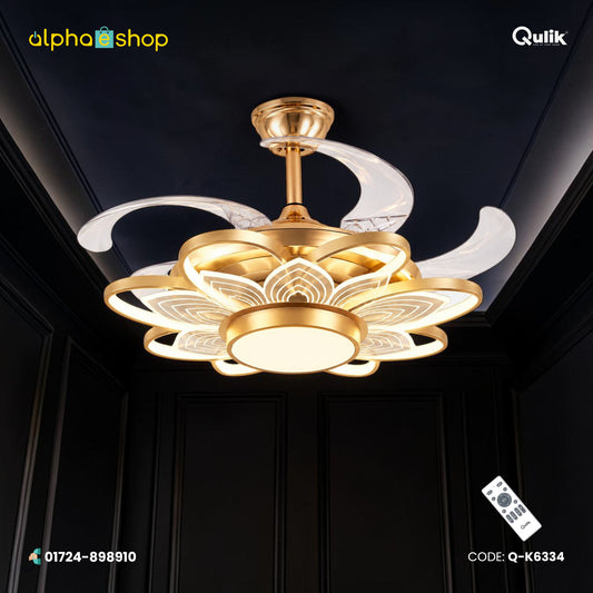 Qulik 48" Modern Chandelier Retractable Invisible Blade Silent 3 Color Change LED Remote Ceiling Fan (Golden) | Q-K6334