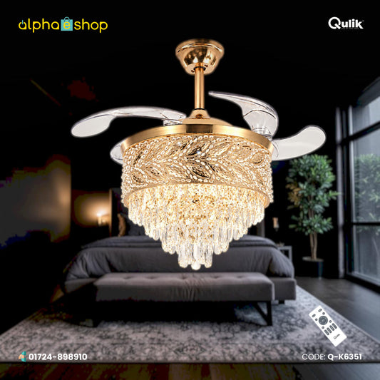 Qulik 48" Crystal Chandelier Retractable Invisible Blade Silent 3 Color Change LED Remote Ceiling Fan (Golden) | Q-K6351