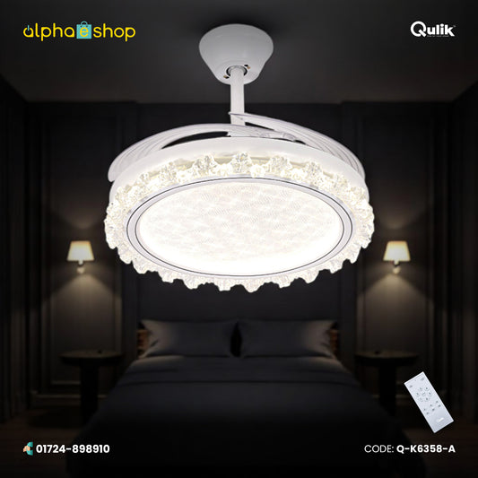 Qulik 48" Crystal Chandelier Retractable Invisible Blade Silent 3 Color Change LED Remote Ceiling Fan (Golden) | Q-K6358-A