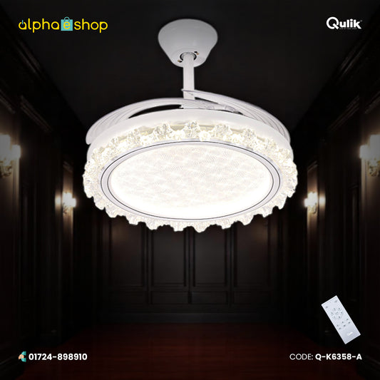Qulik 48" Crystal Chandelier Retractable Invisible Blade Silent 3 Color Change LED Remote Ceiling Fan (Golden) | Q-K6358-A