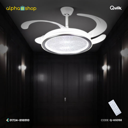 Qulik 48" Modern Chandelier Retractable Invisible Blade Silent 3 Color Change LED Remote Ceiling Fan (White) | Q-K6358