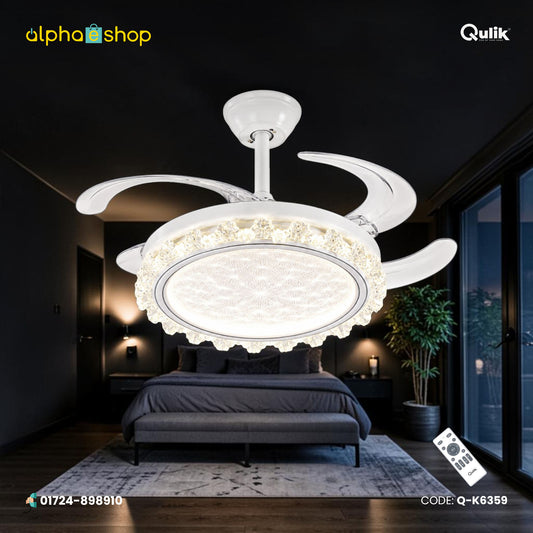 Qulik 48" Modren Chandelier Retractable Invisible Blade Silent 3 Color Change LED Remote Ceiling Fan (White) | Q-K6359