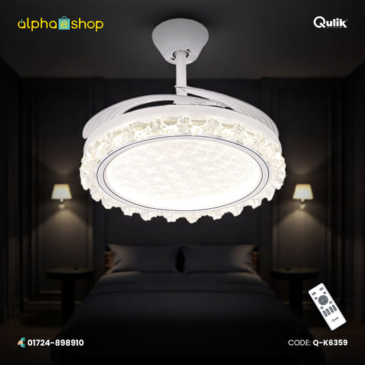 Qulik 48" Modren Chandelier Retractable Invisible Blade Silent 3 Color Change LED Remote Ceiling Fan (White) | Q-K6359