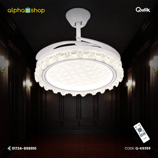 Qulik 48" Modren Chandelier Retractable Invisible Blade Silent 3 Color Change LED Remote Ceiling Fan (Golden) | Q-K6359