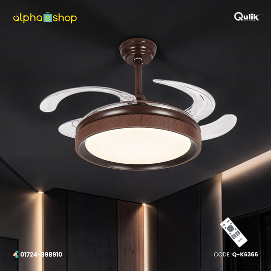 Qulik 48" Modern Chandelier Retractable Invisible Blade Silent 3 Color Change LED Remote Ceiling Fan (Wooden) | Q-K6366