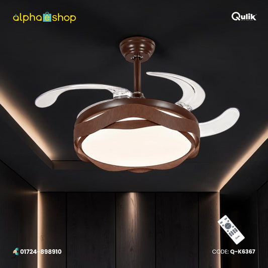 Qulik 48" Modern Chandelier Retractable Invisible Blade Silent 3 Color Change LED Remote Ceiling Fan (Wooden) | Q-K6367