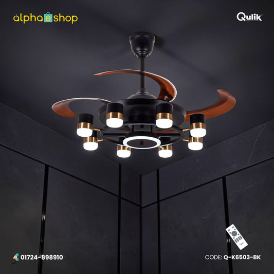 Qulik 48" Modern Chandelier Retractable Invisible Blade Silent 3 Color Change LED Remote Ceiling Fan (Black) | Q-K6503-BK