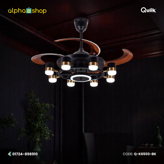Qulik 48" Crystal Chandelier Retractable Invisible Blade Silent 3 Color Change LED Remote Ceiling Fan (Black) | Q-K6503-BK
