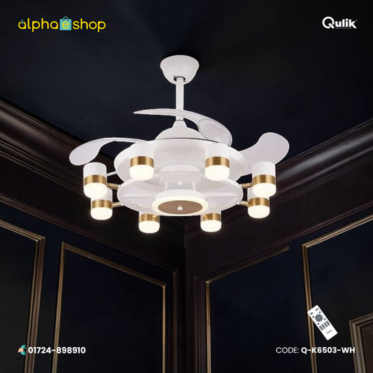Qulik 48" Modern Chandelier Retractable Invisible Blade Silent 3 Color Change LED Remote Ceiling Fan (White) | Q-K6503-WH