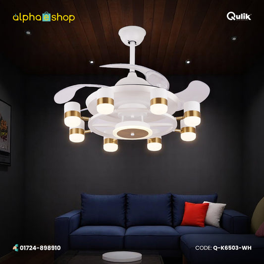 Qulik 48" Crystal Chandelier Retractable Invisible Blade Silent 3 Color Change LED Remote Ceiling Fan (White) | Q-K6503-WH