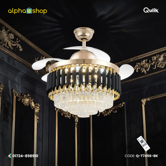 Qulik 48" Crystal Chandelier Retractable Invisible Blade Silent 3 Color Change LED Remote Ceiling Fan (Golden) | Q-T7456