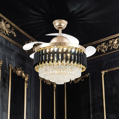 Qulik 48" Crystal Chandelier Retractable Invisible Blade Silent 3 Color Change LED Remote Ceiling Fan (Golden) | Q-T7456
