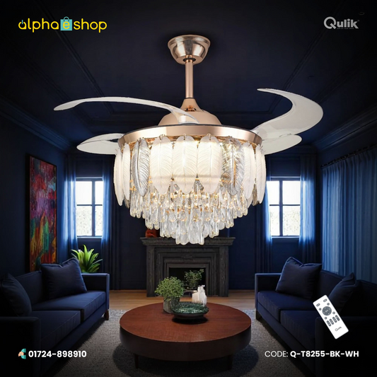 Qulik 48" Crystal Chandelier Retractable Invisible Blade Silent 3 Color Change LED Remote Ceiling Fan (Golden) | Q-T8255