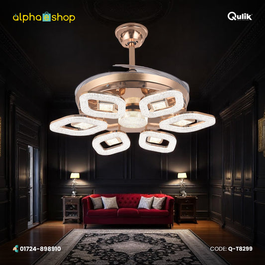 Qulik 48" Crystal Chandelier Retractable Invisible Blade Silent 3 Color Change LED Remote Ceiling Fan (Golden) | Q-T8299