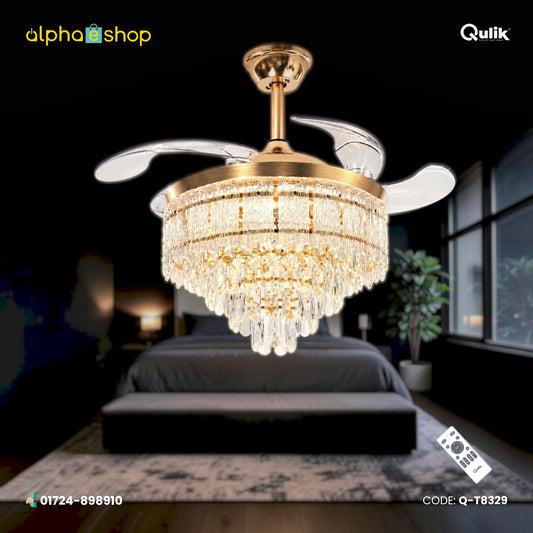 Qulik 48" Crystal Chandelier Retractable Invisible Blade Silent 3 Color Change LED Remote Ceiling Fan (Golden) | Q-T8329