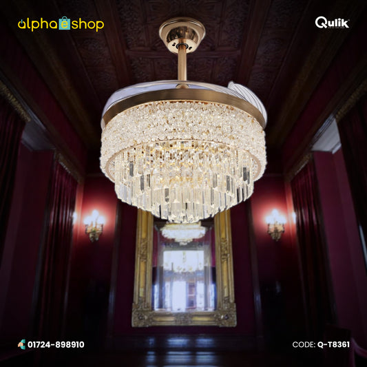Qulik 48" Crystal Chandelier Retractable Invisible Blade Silent 3 Color Change LED Remote Ceiling Fan (Golden) | Q-T8361