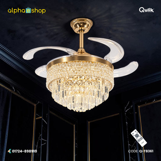 Qulik 48" Crystal Chandelier Retractable Invisible Blade Silent 3 Color Change LED Remote Ceiling Fan (Golden) | Q-T8361