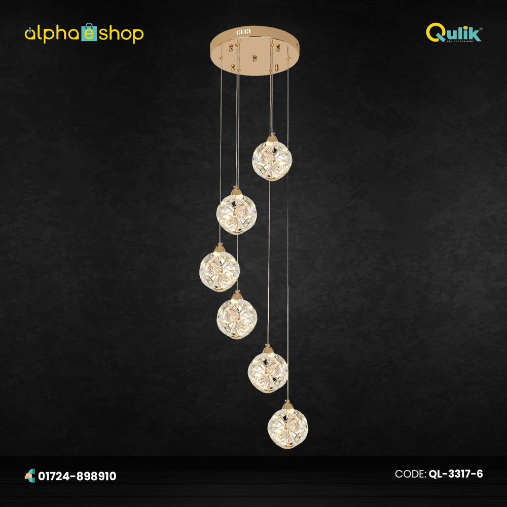 Qulik QL-3317-6 Circle-Shape Glass Ceiling Light - Contemporary Design, 3-Color Adjustable Light, 2-Year Warranty. Illuminate your space with this modern crystal hanging chandelier featuring six illuminating circles.