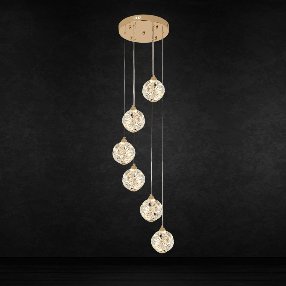 Qulik QL-3317-6 Circle-Shape Glass Ceiling Light - Contemporary Design, 3-Color Adjustable Light, 2-Year Warranty. Illuminate your space with this modern crystal hanging chandelier featuring six illuminating circles.