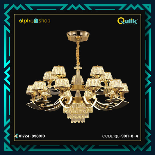 Qulik 9911-8-4 Golden Iron LED Ceiling Light - Modern Nordic Candle Crystal Chandelier with 12 Lamps