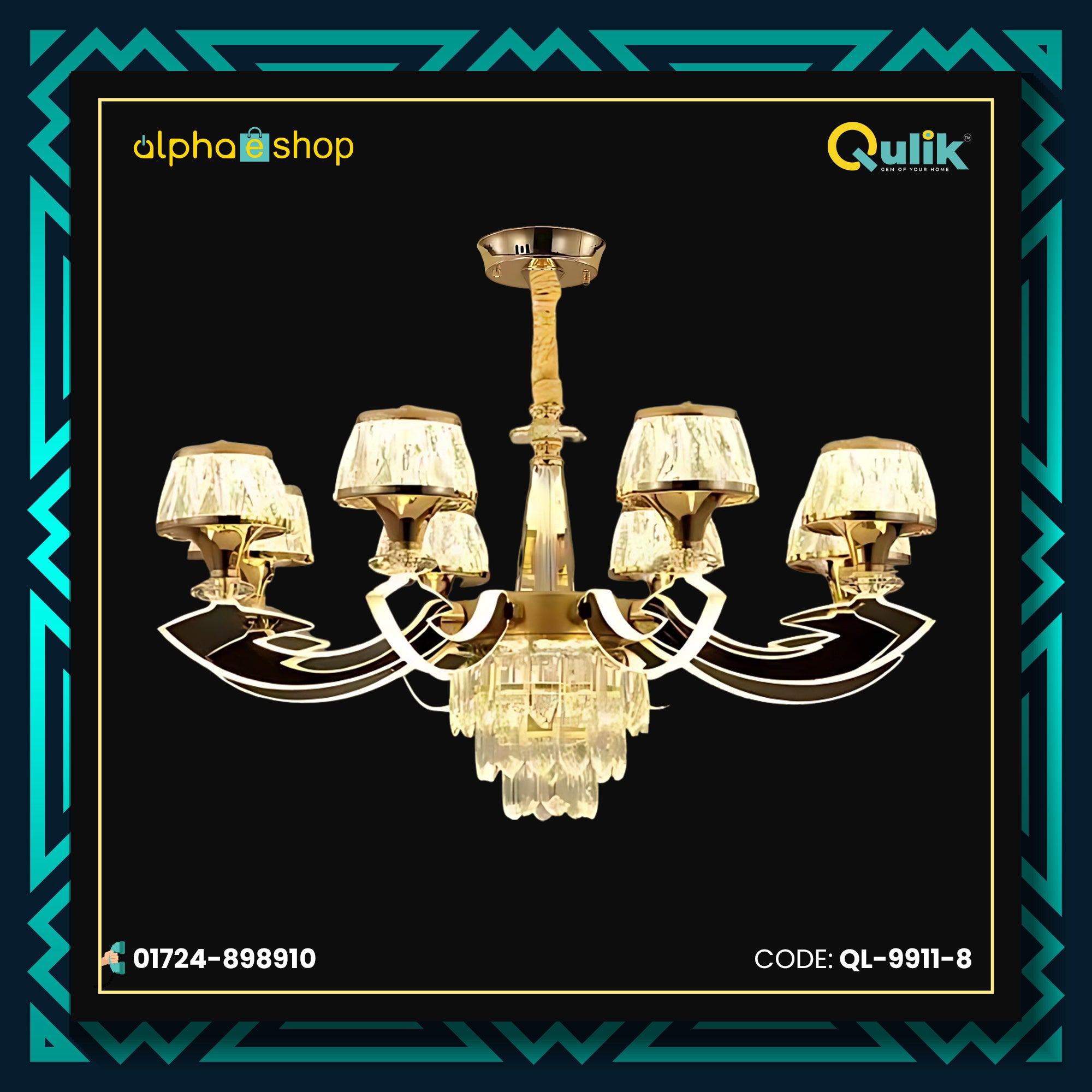 Qulik 9911-8 Golden Iron LED Ceiling Light - Modern Nordic Candle Crystal Chandelier with 8 Lamps