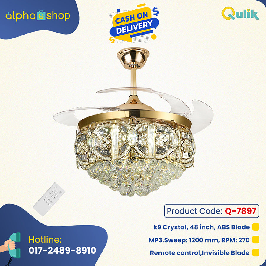 Qulik C13 48" Crystal Chandelier Retractable Invisible Blade MP3 Silent 3 Color Change LED Remote Ceiling Fan (Golden) Q-7897 - Modern Luxury Ceiling Fan with Crystal Chandelier Style in Golden Finish