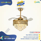 Qulik 48inch Crystal Chandelier Retractable Invisible Blade MP3 Silent 3 Color Change LED Remote Ceiling Fan (Golden) Q-7550-GD