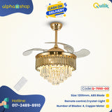 Qulik 48inch Crystal Chandelier Retractable Invisible Blade MP3 Silent 3 Color Change LED Remote Ceiling Fan (Golden)Q-7550-GD - Elegant and Functional Ceiling Fan with Crystal Lamp