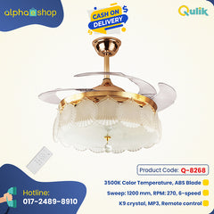 Qulik C08 48" Crystal Chandelier Retractable Invisible Blade MP3 Silent 3 Color Change LED Remote Ceiling Fan (Golden) Q-8268 - Elegant Crystal Ceiling Fan in Golden Finish