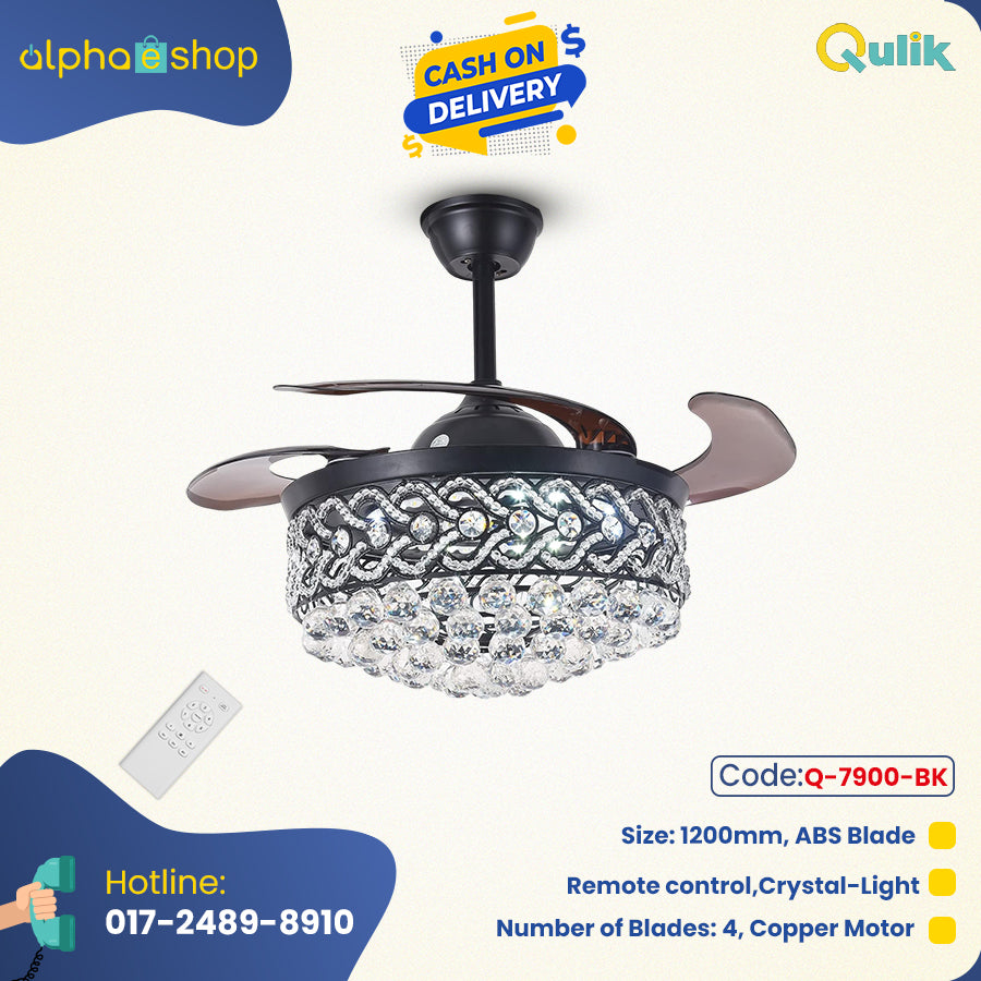 Qulik C09 48 Crystal Chandelier Retractable Invisible Blade MP3 Silent 3 Color Change LED Remote Ceiling Fan (Black) Q-7900-BK - Luxury Classic Ceiling Fan with Crystal Chandelier Style