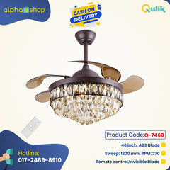 Qulik C12 48" Crystal Chandelier Retractable Invisible Blade MP3 Silent 3 Color Change LED Remote Ceiling Fan (Brown) Q-7468 - Modern Luxury Ceiling Fan with Crystal Chandelier Style