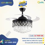 Qulik C06 48 Crystal Chandelier Retractable Invisible Blade MP3 Silent 3 Color Change LED Remote Ceiling Fan (Golden) Q-7459-BK - Elegant Black Ceiling Fan with Crystal Chandelier Style