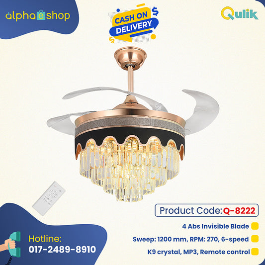 Qulik C04 48" Crystal Chandelier Retractable Invisible Blade MP3 Silent 3 Color Change LED Remote Ceiling Fan (Golden) Q-8222 - Elegant Crystal Chandelier Fan in Golden Finish