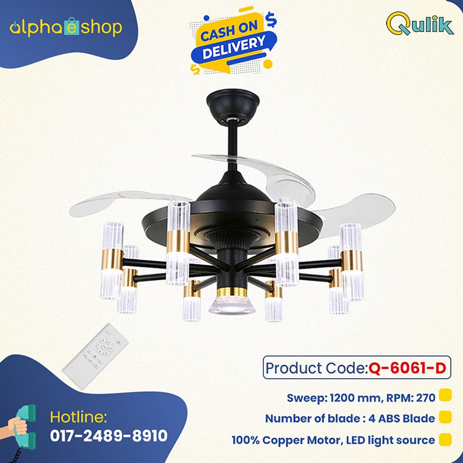 Qulik Q-6061-D 48-Inch Modern Chandelier Ceiling Fan with LED Light in Black